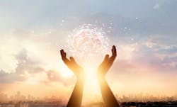 A pair of hands supporting a floating brain surrounded by a network of lights A pair of hands supporting a floating brain surrounded by a network of lights