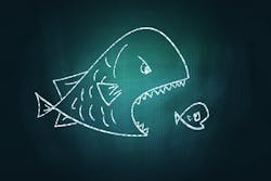 A drawing showing a fish attempting to eat a smaller fish A drawing showing a fish attempting to eat a smaller fish