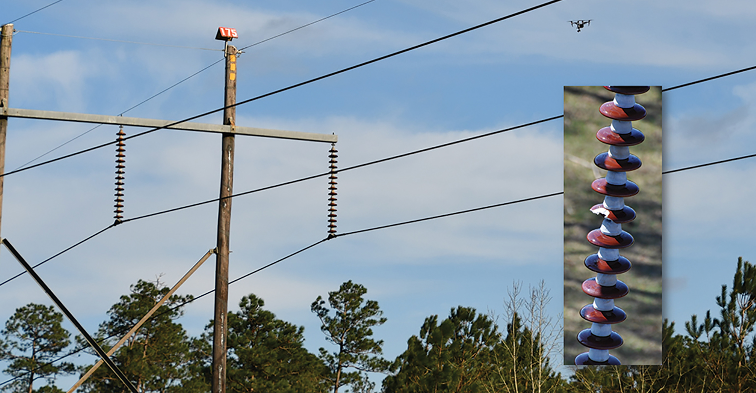 Drones inspecting electric poles and overhead transmission lines