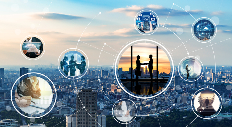 Circular images of people discussing, shaking hands, analyzing data on the background of a cityscape