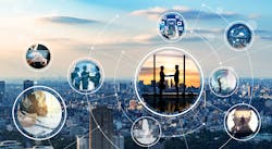 Circular images of people discussing, shaking hands, analyzing data on the background of a cityscape Circular images of people discussing, shaking hands, analyzing data on the background of a cityscape