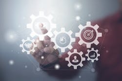 A finger touching an interconnected network of gears on a digital screen A finger touching an interconnected network of gears on a digital screen