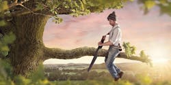 A man cutting the same branch on which he is sitting A man cutting the same branch on which he is sitting