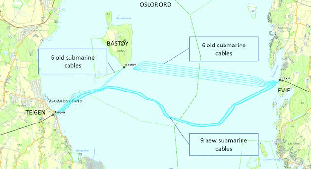 Route of two sections of 420-kV submarine cables to be removed and cable route for new 420-kV submarine cable.