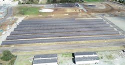 An overhead view shows the 500 kW Community Solar array nearing completion. (April 15, 2019)