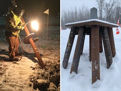 Crew member cutting a helical pile with a torch and helical piles welded to the pile cap Crew member cutting a helical pile with a torch and helical piles welded to the pile cap