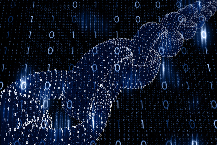 A chain made up of binary digits, representative of blockchain technology