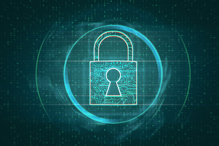 Hologram of a lock with binary digits in the background