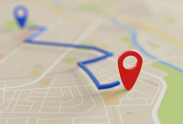 A map with a location marked in red