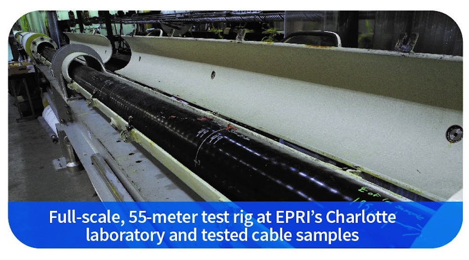 Full-scale, 55-meter test rig at EPRI&apos;s Charlotte laboratory and tested cable samples.
