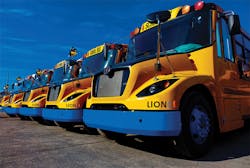 Lion Electric Co.’s class C 100% electric school bus can seat 72 students with a range up to 155 miles (250 km) from a 130 kWh battery capacity. Lion Electric Co.’s class C 100% electric school bus can seat 72 students with a range up to 155 miles (250 km) from a 130 kWh battery capacity.