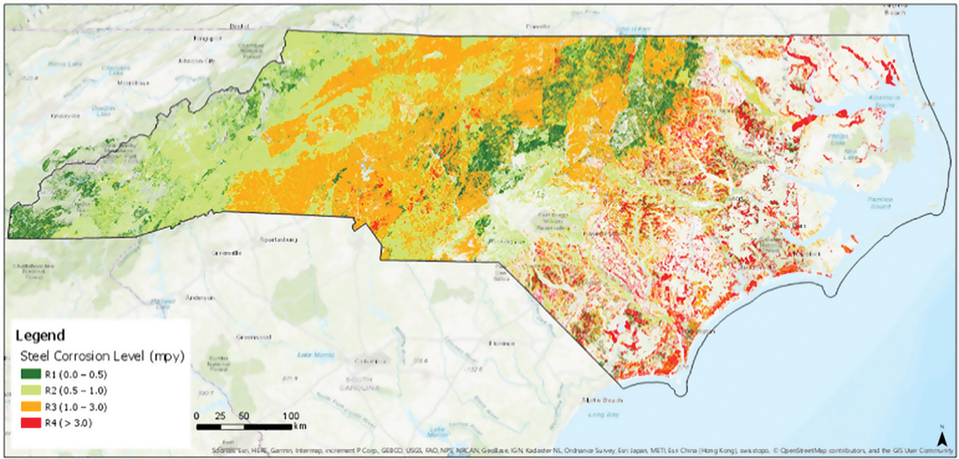 Figure 1. Soil corrosivity in North Carolina. Orange- and red-shaded areas represent progressively higher steel corrosion levels.