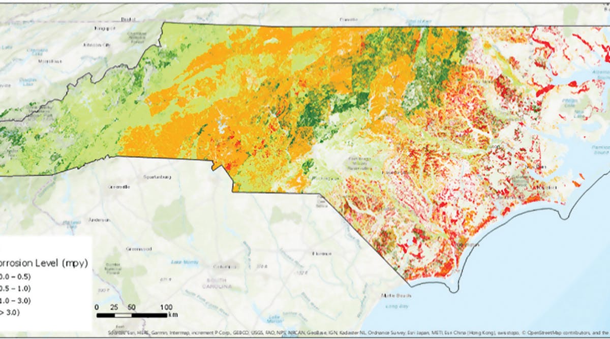Figure 1. Soil corrosivity in North Carolina. Orange- and red-shaded areas represent progressively higher steel corrosion levels.