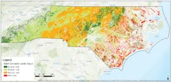 Figure 1. Soil corrosivity in North Carolina. Orange- and red-shaded areas represent progressively higher steel corrosion levels. Figure 1. Soil corrosivity in North Carolina. Orange- and red-shaded areas represent progressively higher steel corrosion levels.