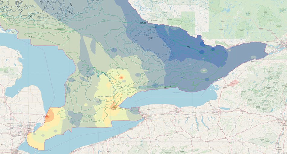 Figure 2. Atmospheric corrosivity in Ontario, Canada. Yellow-, orange-, and red-shaded areas represent progressively higher atmospheric corrosivity levels.