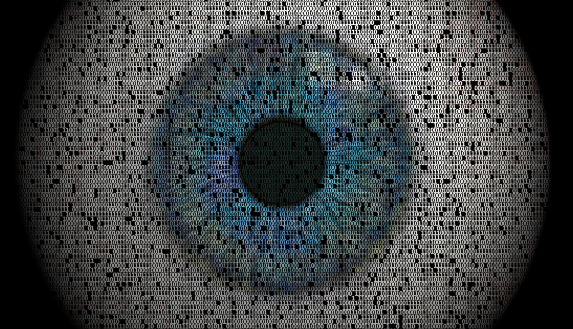 An eyeball reflecting binary digits