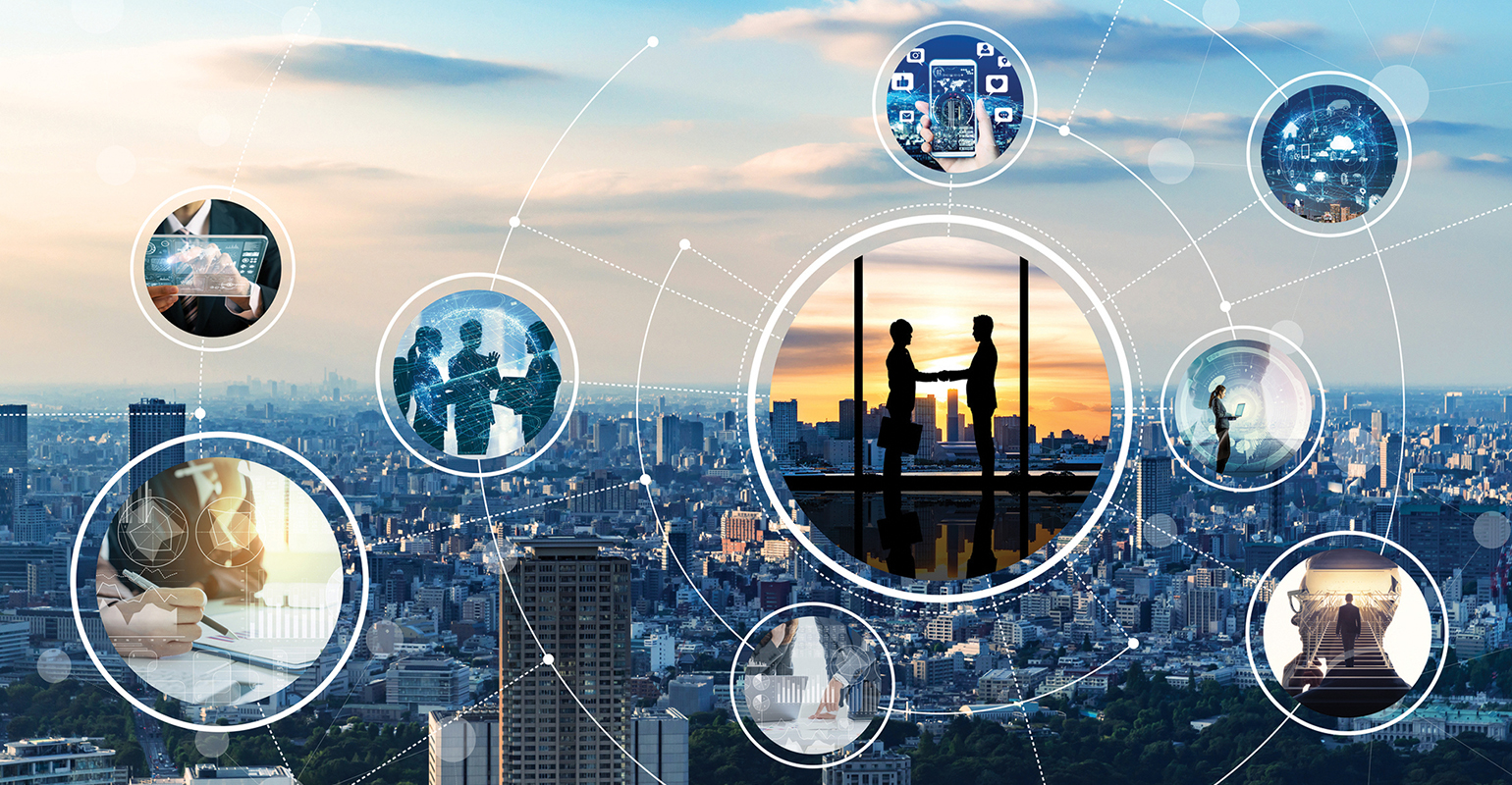 Interconnected images of people discussing, shaking hands, analyzing data on the background of a cityscape