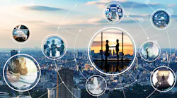 Interconnected images of people discussing, shaking hands, analyzing data on the background of a cityscape