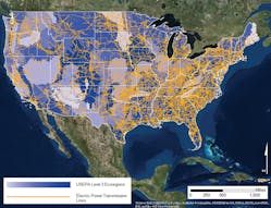 Electric transmission lines traverse nearly every eco-region across U.S. (Hawaii, Alaska and Pacific territories excluded for scale).