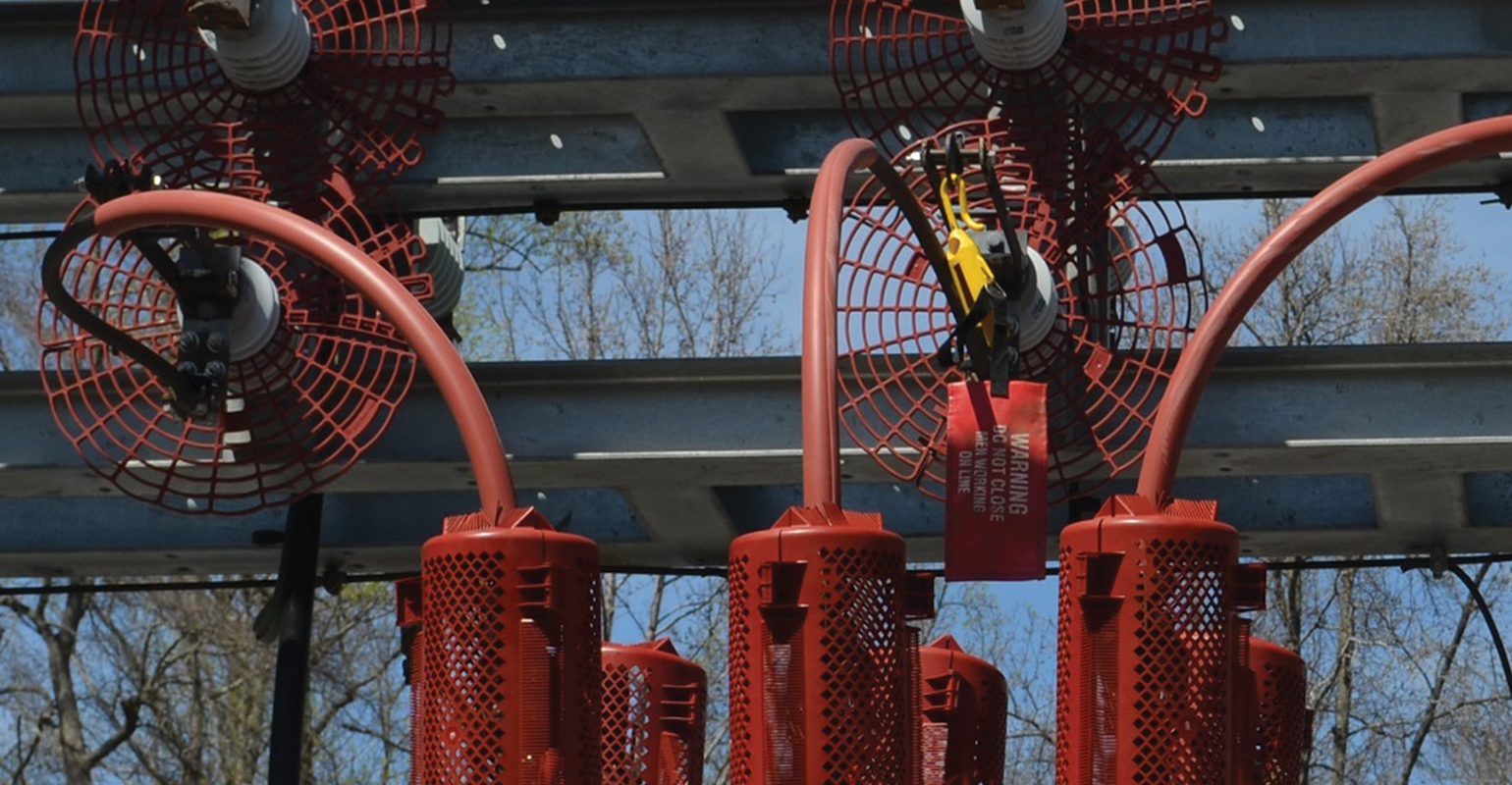 The City of Gastonia has adopted a two-tiered defense system against squirrels getting into their substation. They have worked with TE Connectivity to install both Squirrel Guards (seen at the top of the photo) and protective cages.