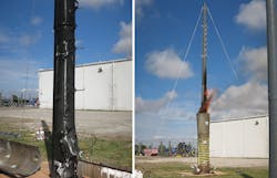 RS FRP pole with fire shield being tested. After fire was extinguished, pole was design load tested too. RS FRP pole with fire shield being tested. After fire was extinguished, pole was design load tested too.