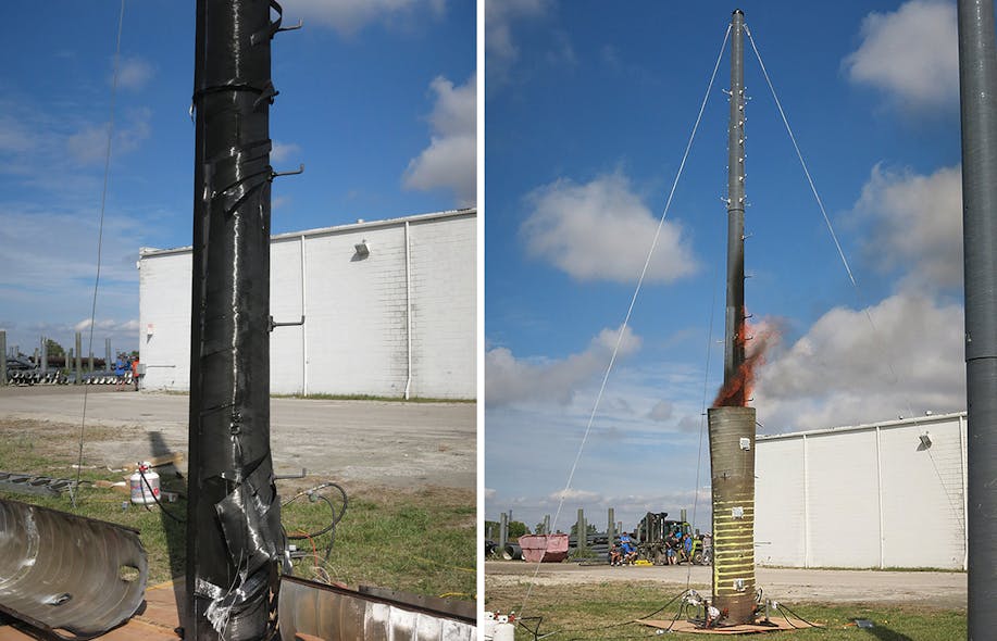 RS FRP pole with fire shield being tested. After fire was extinguished, pole was design load tested too.
