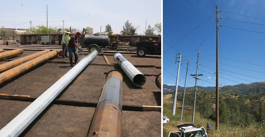 Natina coated pole in Goleta, California, blends into the natural environment, while steel poles stand out.