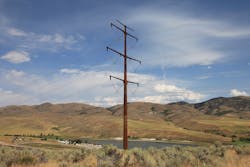 A weathering steel pole blends with colors of the background mountains and surrounding area. A weathering steel pole blends with colors of the background mountains and surrounding area.