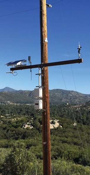 Weather station mounted on utility pole.