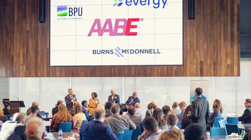 (from left to right) Ray Kowalik, CEO of Burns &amp; McDonnell; Paula Glover, president and CEO of AABE; John Bridson, VP of generation at Evergy; Bill Johnson, general manager of Kansas City Board of Public Utilities