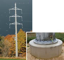 Example of concrete pole designed to support transmission line conductors (left). Connecting flange used to secure concrete pole to foundation (right).