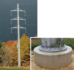 Example of concrete pole designed to support transmission line conductors (left). Connecting flange used to secure concrete pole to foundation (right). Example of concrete pole designed to support transmission line conductors (left). Connecting flange used to secure concrete pole to foundation (right).