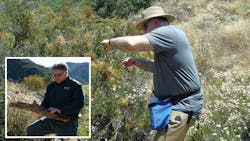Tom Rolinski, SCE fire scientist, points out the type of growth to determine how dry the brush is. Tom Rolinski, SCE fire scientist, points out the type of growth to determine how dry the brush is.