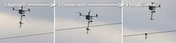 Small UAS approaches wire, then makes contact with wire and installs marker. Small UAS approaches wire, then makes contact with wire and installs marker.