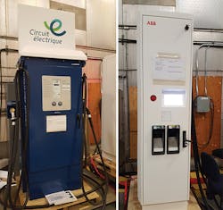 Fast-charging DCFC stations (50 kW, 400 V) from Vendor X (left). Fastcharging DCFC stations (50 kW, 400V) from Vendor Y (right).