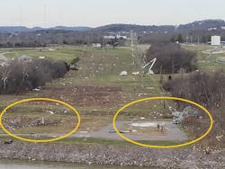 TVA transmission towers on the banks of the Cumberland River lay in ruin after a tornado ripped through the area in February. TVA transmission towers on the banks of the Cumberland River lay in ruin after a tornado ripped through the area in February.