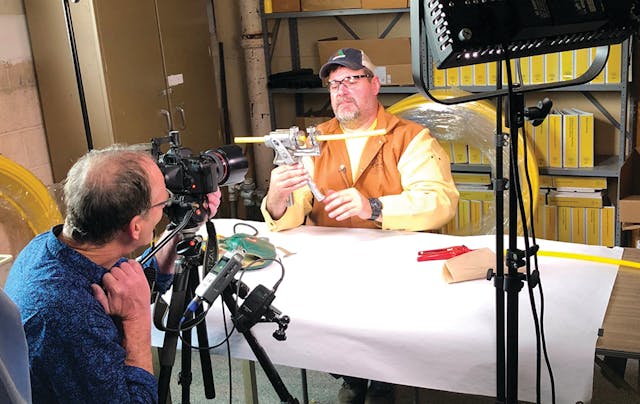 Worker demonstrates the proper pipe fusion procedure for training video to be used in apprenticeship training eBook.