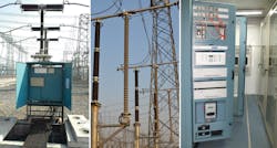 Outdoor panel housing switchgear controllers at 400/220-kV Bhiwadi substation (left). Optical current transformer in switchyard at 400/220-kV Bhiwadi substation (center). Indoor panel installed in kiosk in switchyard at 400/220-kV Bhiwadi substation (right).