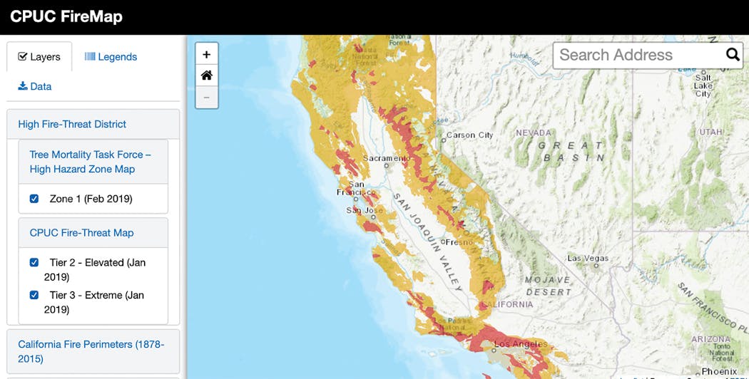 This California Public Utilities Commission Fire Map shows which areas are in the high-fire threat district.