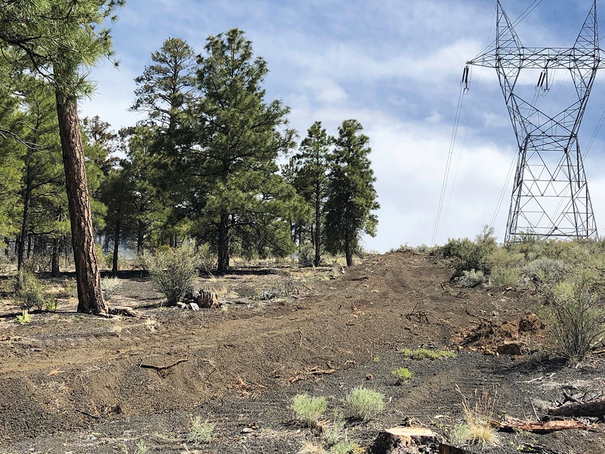 A low-tech dozer performs bare ground treatment for wildfire breaks to protect energized assets including steel lattice structures and conductors.