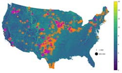Older (pre-2008 commercial online date) plants are shown in pink and newer plants in orange. The size of each dot is proportional to the nameplate capacity of the plant. The background map shows the annual average wind speed (m/s) at 80 m above surface level. Older (pre-2008 commercial online date) plants are shown in pink and newer plants in orange. The size of each dot is proportional to the nameplate capacity of the plant. The background map shows the annual average wind speed (m/s) at 80 m above surface level.