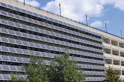 A parking garage structure lined with solar panels in St. Paul, Minnesota. Partners in Santa Barbara want to generate 200 MW of solar power using parking areas and rooftops.
