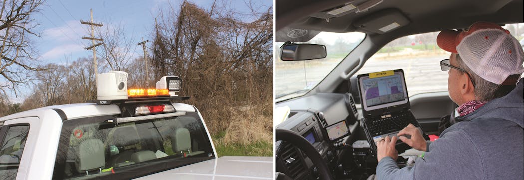 Ruggedized GPS and network connected tablet &mdash; loaded with GIS system mapping and inspection applications with ability to control PTZ camera from inside vehicle.