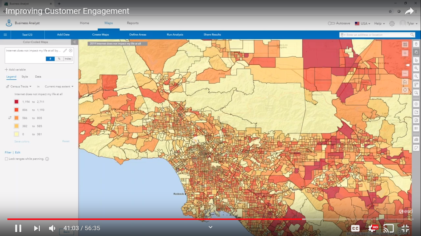 GIS display illustrating customer segmentation about attitudes toward using the internet.