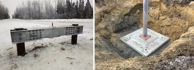 Helical pile foundation (left). Precast concrete foundation (right).