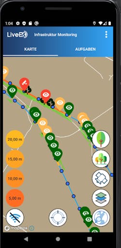 Fig.5. Electricity Grid Front end – Blue- Electricity Grid; Green dots- Poles; Red- Critical Area: Yellow-Rather less Critical Area. Fig.5. Electricity Grid Front end – Blue- Electricity Grid; Green dots- Poles; Red- Critical Area: Yellow-Rather less Critical Area.