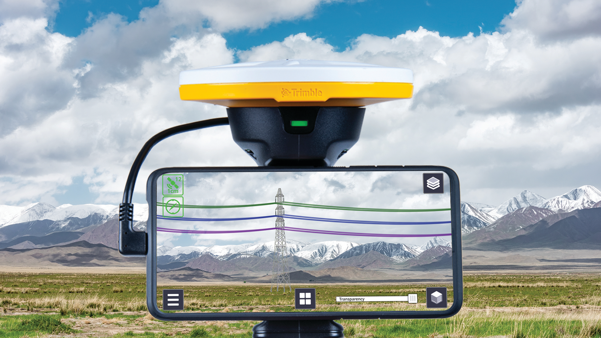 The AR tool visualizes a 3D model of a transmission line design against the backdrop of the physical world.