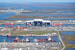 Daytime operations at Port Fourchon, Louisiana’s southernmost port located in Lafourche Parish. Port Fourchon services more than 90% of the Gulf of Mexico’s deepwater oil production. Daytime operations at Port Fourchon, Louisiana’s southernmost port located in Lafourche Parish. Port Fourchon services more than 90% of the Gulf of Mexico’s deepwater oil production.