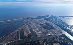 Aerial photograph shows ECO platform supply vessels and the proximity of Port Fourchon, Louisiana&rsquo;s southernmost port, to the Gulf of Mexico. The port is one of Louisiana&rsquo;s most vital ports for U.S. offshore oil and natural gas operations.