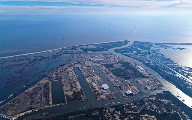 Aerial photograph shows ECO platform supply vessels and the proximity of Port Fourchon, Louisiana&rsquo;s southernmost port, to the Gulf of Mexico. The port is one of Louisiana&rsquo;s most vital ports for U.S. offshore oil and natural gas operations.